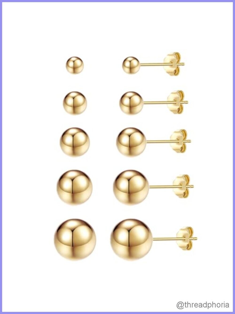 5 Pairs Gold Plated Ball Stud Earrings Set Steel Pins 3-7mm